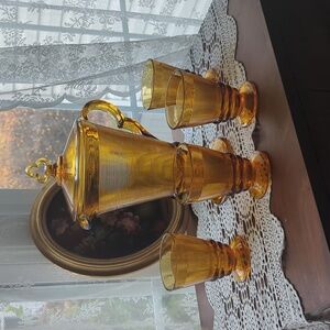 Indiana Depression Glass Old English Threading Amber Pitcher with 4 Glasses